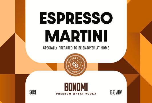 Espresso Martini bottled cocktail by Bonomi. Made with wheat vodka, Thomas Green's coffee liqueur, vanilla, and stout syrup